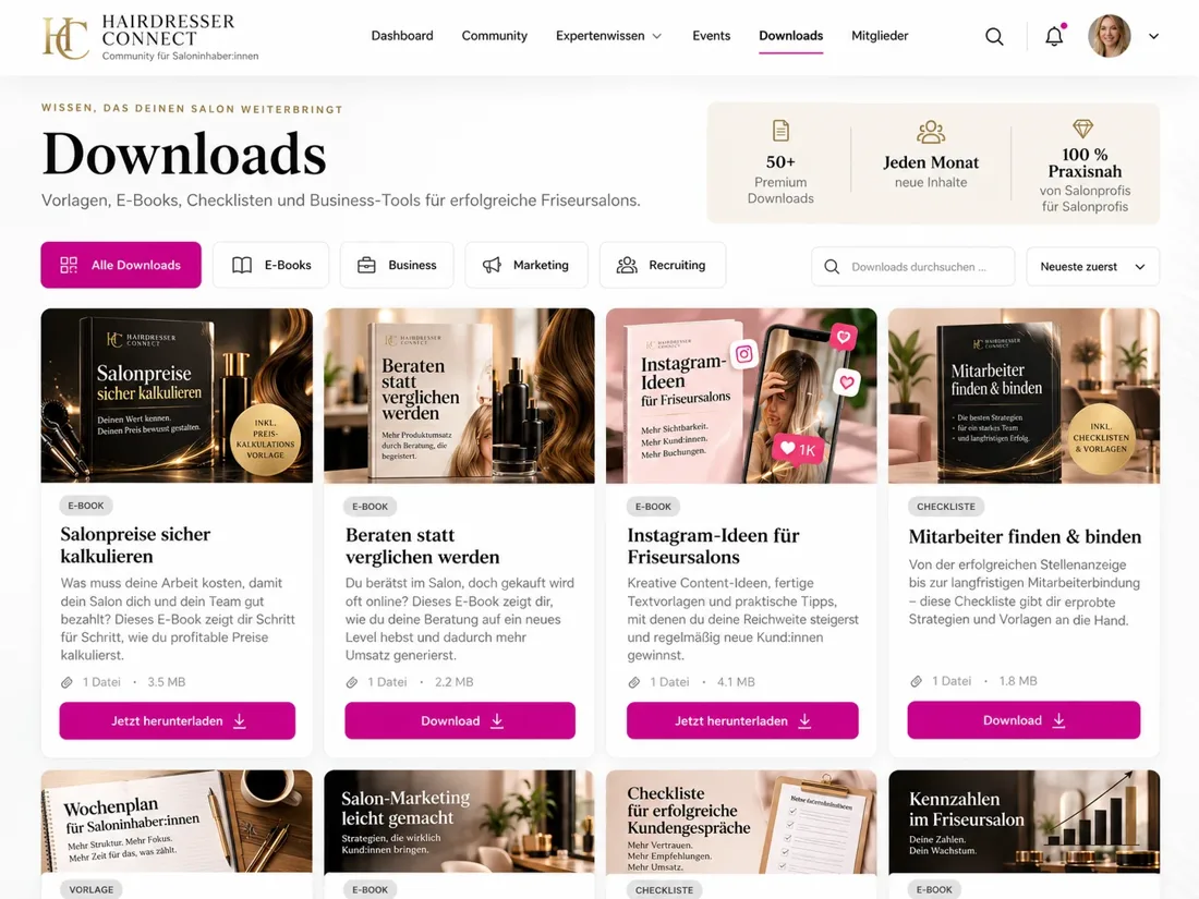 Echte Übersicht der Downloads und Materialien in Hairdresser Connect