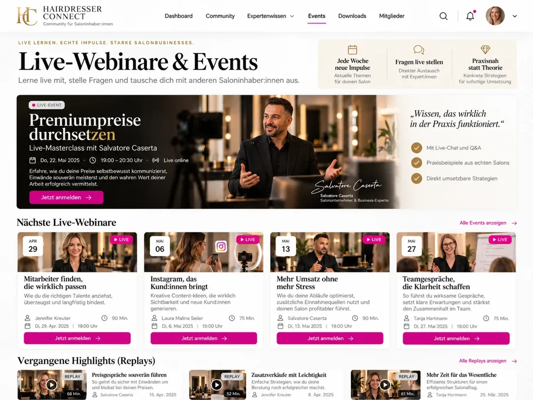 Echte Übersicht der Webinare und Events in Hairdresser Connect